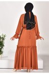 Kiremit Şifon Kumaş Kol Detaylı Tesettür Elbise
