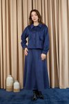 Lacivert Süet Kumaş Etekli Düğmeli Takım