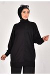 Siyah Çizgili İki İplik Kumaş Garnili Tesettür Tunik