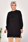Siyah Nakışlı İncili İki İplik Tesettür Tunik