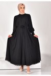 Siyah Şifon Pileli Tesettür Elbise