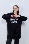 Siyah Yün Görünümlü İp Kumaş Sweatshirt Tunik