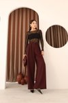 Bordo Pileli Palazzo Bol Paça Yüksek Bel Tesettür Pantolon