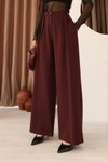 Bordo Pileli Palazzo Bol Paça Yüksek Bel Tesettür Pantolon