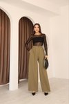 Haki Yüksek Bel Palazzo Pilili Tesettür Pantolon