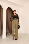 Haki Yüksek Bel Palazzo Pilili Tesettür Pantolon