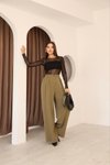 Haki Yüksek Bel Palazzo Pilili Tesettür Pantolon