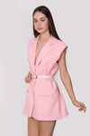 Pembe Blazer Kemerli Şal Yaka Tesettür Yelek