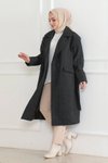 Siyah Uzun Boy Kruvaze Yaka Kaşe Astarlı Tesettür Kaban