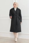 Siyah Uzun Boy Kruvaze Yaka Kaşe Astarlı Tesettür Kaban