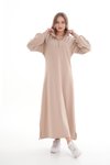 Bej Spor Hakim Yaka Boğazlı Yarım Fermuar Tesettür Elbise