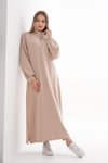 Bej Spor Hakim Yaka Boğazlı Yarım Fermuar Tesettür Elbise
