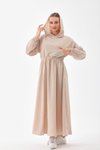 Bej Yazlık Keten Spor Kapüşonlu Belden Büzgülü Cepli Tesettür Elbise