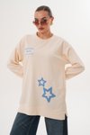 Bej Yıldız Desenli Sweatshirt Bisiklet Yaka Tesettür Tunik