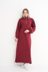 Bordo Boğazlı Spor Yarım Fermuar Hakim Yaka Tesettür Elbise