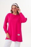 Fuşya Düz Bisiklet Yaka Uzun Kol Basic Sweatshirt Tunik