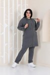 Gri Battal Taş Detaylı Fermuarlı Kapüşonlu Tesettür Eşofman Takım
