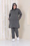 Gri Battal Taş Detaylı Fermuarlı Kapüşonlu Tesettür Eşofman Takım