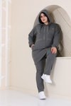 Gri Battal Taş Detaylı Fermuarlı Kapüşonlu Tesettür Eşofman Takım