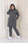 Gri Battal Taş Detaylı Fermuarlı Kapüşonlu Tesettür Eşofman Takım