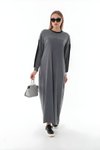 Gri Kabartma Yazılı Tesettür Elbise