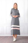 Gri Kapüşonlu Kol ve Etek Şeritli Tesettür Elbise
