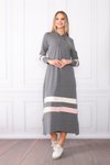 Gri Kapüşonlu Kol ve Etek Şeritli Tesettür Elbise