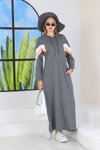 Gri Tam Uzun Kapüşonlu Tesettür Elbise