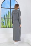 Gri Tam Uzun Kapüşonlu Tesettür Elbise