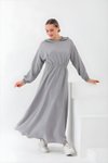 Gri Yazlık Keten Spor Kapüşonlu Belden Büzgülü Cepli Tesettür Elbise