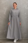 Gri Yazlık Keten Spor Kapüşonlu Belden Büzgülü Cepli Tesettür Elbise