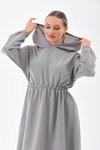 Gri Yazlık Keten Spor Kapüşonlu Belden Büzgülü Cepli Tesettür Elbise