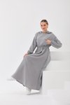 Gri Yazlık Keten Spor Kapüşonlu Belden Büzgülü Cepli Tesettür Elbise