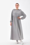 Gri Yazlık Keten Spor Kapüşonlu Belden Büzgülü Cepli Tesettür Elbise