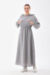 Gri Yazlık Keten Spor Kapüşonlu Belden Büzgülü Cepli Tesettür Elbise