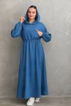 İndigo Yazlık Spor Keten Kapüşonlu Belden Büzgülü Cepli Tesettür Elbise