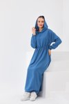 İndigo Yazlık Spor Keten Kapüşonlu Belden Büzgülü Cepli Tesettür Elbise