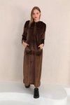 Long Stone Print Velvet Kangaroo Pocket Modest Dress - Brown