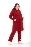 Kırmızı Battal Fermuarlı Kapüşonlu Taş Detaylı Tesettür Eşofman Takım