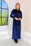 Long Stone Print Velvet Kangaroo Pocket Modest Dress - Navy Blue