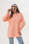 Pudra Düz Basic Bisiklet Yaka Uzun Kol Sweatshirt Tunik