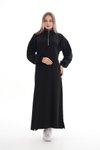 Siyah Spor Boğazlı Hakim Yaka Yarım Fermuar Tesettür Elbise