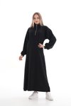 Siyah Spor Boğazlı Hakim Yaka Yarım Fermuar Tesettür Elbise