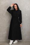 Siyah Yazlık Keten Spor Kapüşonlu Belden Büzgülü Cepli Tesettür Elbise