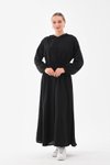 Siyah Yazlık Keten Spor Kapüşonlu Belden Büzgülü Cepli Tesettür Elbise