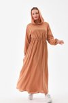 Taba Yazlık Keten Spor Kapüşonlu Belden Büzgülü Cepli Tesettür Elbise