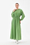 Yeşil Spor Yazlık Keten Kapüşonlu Belden Büzgülü Cepli Tesettür Elbise