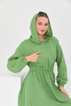 Yeşil Spor Yazlık Keten Kapüşonlu Belden Büzgülü Cepli Tesettür Elbise
