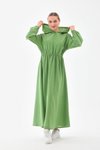 Yeşil Spor Yazlık Keten Kapüşonlu Belden Büzgülü Cepli Tesettür Elbise