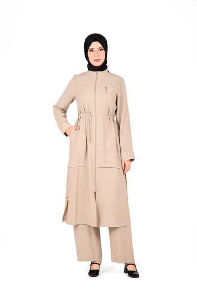 Bej Alt Üst Halka Aksesuar Detaylı Tesettür Takım